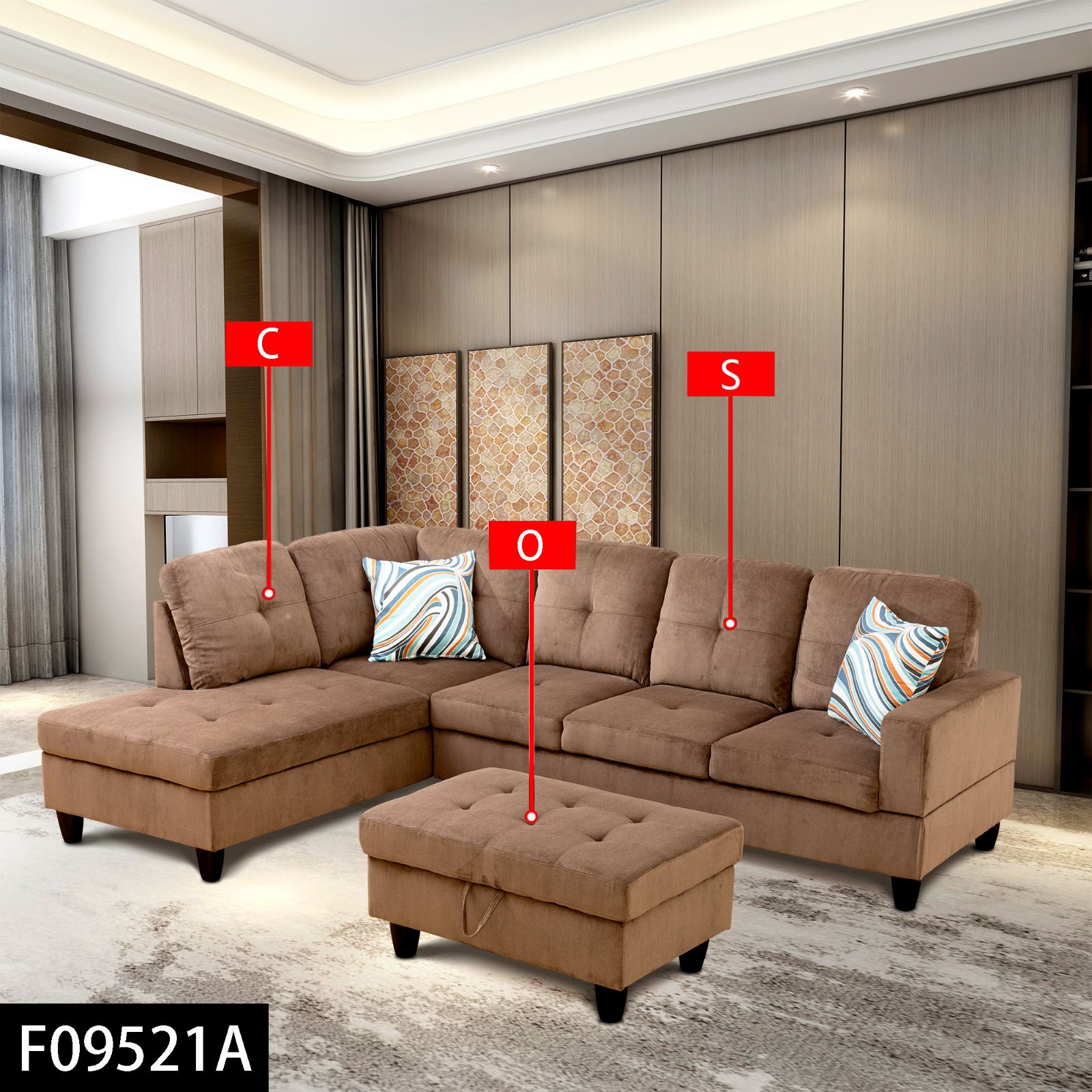 브라운 파인애플 텍스처 천 3피스 거실 소파 세트