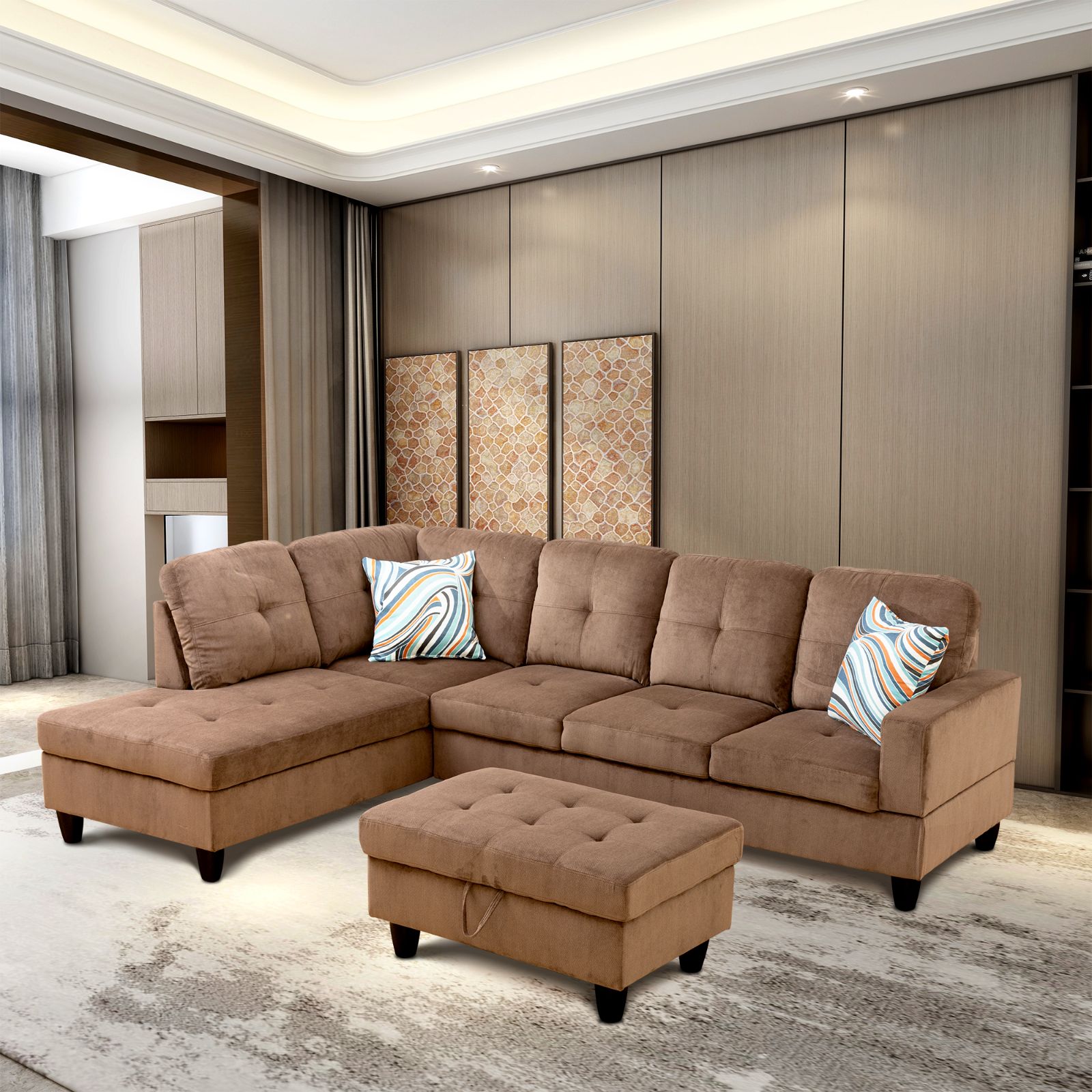 브라운 파인애플 텍스처 천 3피스 거실 소파 세트