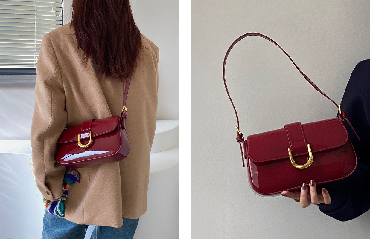 高級感包包女復古酒紅色馬蹄扣時尚手提腋下包肩斜挎包